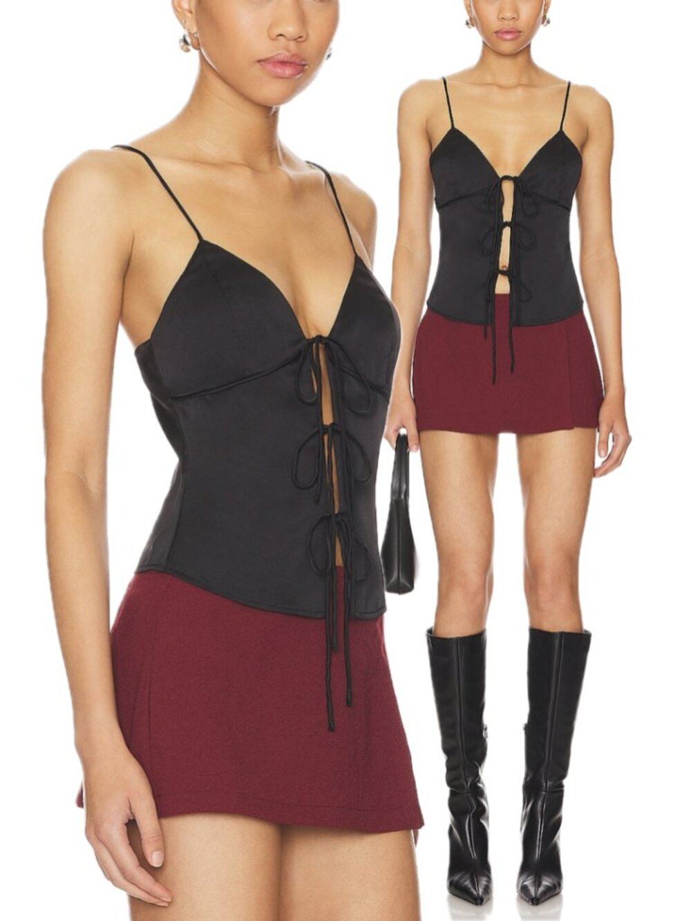 Superdown Anahi Satin-Feel Bow Tie-Front Cami Top (Black)